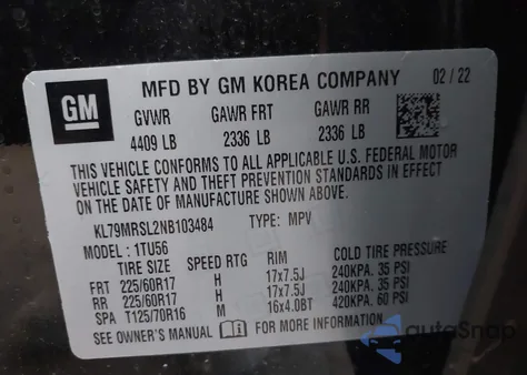 2022 Chevrolet Trailblazer Awd Lt из США, поврежденный, VIN KL79MRSL2NB103484